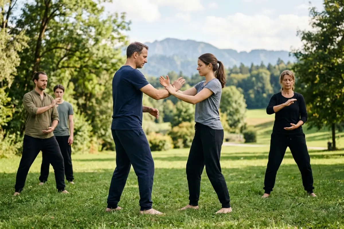 Eine Gruppe übt achtsame Bewegungen im Stehen – Zhong Xin Dao I Liq Chuan Training finden in Österreich.