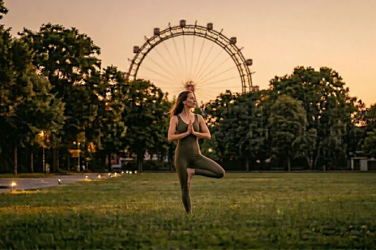 Frau in der Yoga-Haltung auf einer Wiese im Wiener Prater mit dem Riesenrad im Hintergrund bei Abendlicht. Bild wurde mit KI generiert