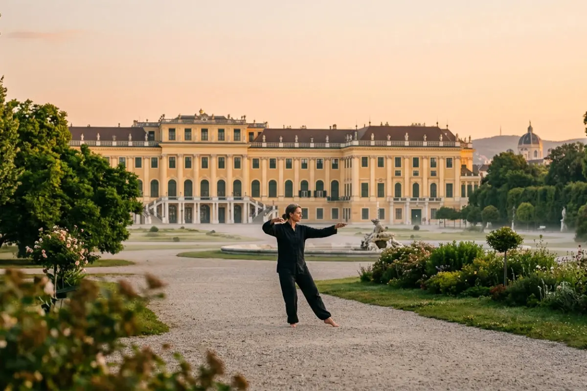 Frau übt Achtsamkeit in Bewegung aus vor einer Wiener Kulisse. Bild ist mit KI generiert.